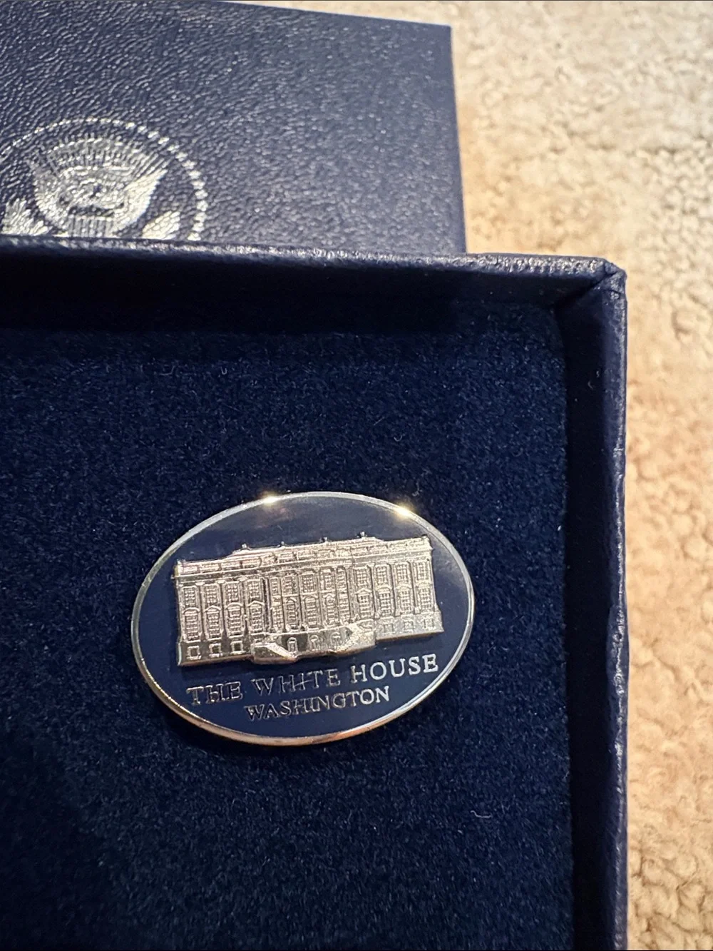White House Oval Cufflinks in Silver and Navy Presentation Box